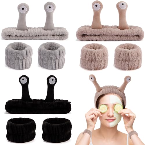 SuPoo 9 Pcs Skincare Headbands Set - Snail Spa Headband, Alien Headband, Face Wash Wristbands, Cute Makeup Hair Band for Washing Face and Shower - color: 9pcs-black grey khaki