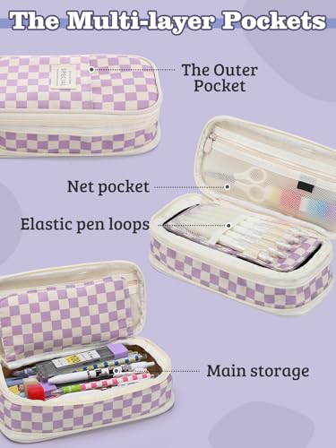 Bigmeta Gingham Expandable Pencil Case for Teens Girls - Purple - color: Purple