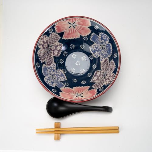 Urban Tokyo 24oz Large Ceramic Ramen Bowl Set with Chopsticks, Spoon & Bamboo Rest – Oriental Japanese Design, Microwave & Dishwasher Safe, Flower Design - color: Pink and Green