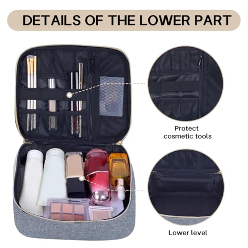 Double Layer Makeup Bag with Adjustable Dividers, Gray Gold - color: Grey Gold