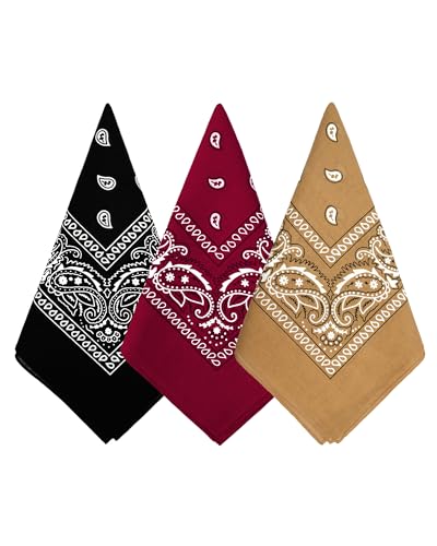 Bycc Bynn Large Soft Cotton Bandanas Pack for Men & Women 22 x 22 inches - color: Black + Burgundy + Dark Yellow