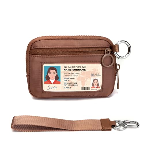 Keychain Wallet for Women with Clear ID Window, Coin Pouch and Wrist Strap - color: Light Brown