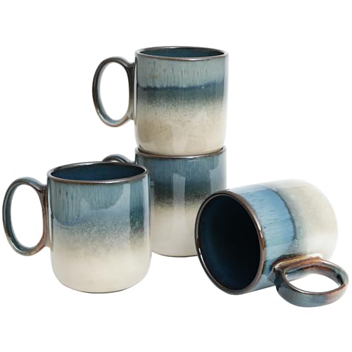 Bosmarlin Ceramic Coffee Mug Set of 4, 14 Oz, Coffee Cups with Big Handle, Microwave Safe, Unique Reactive Glaze (Deep Blue) - color: Deep Blue