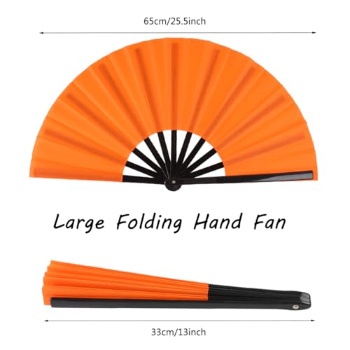2 Pack Large Folding Hand Fan for Men/Women, Rave Fan Vintage Retro Fabric Fans, Chinese Kung Fu Tai Chi Hand Fan for Festival, Dance, Gift, Performance, Decorations (Orange) - color: 2 Orange
