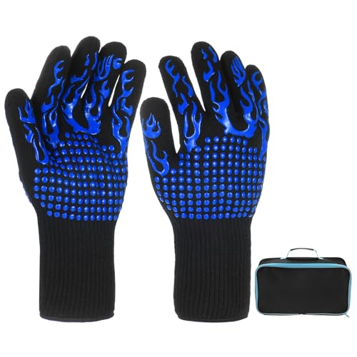 M METERXITY 1-Pair BBQ Gloves, 1472°F Heat Resistant Non-Slip Grilling Oven Gloves for Barbecue/Baking/Cooking, with Storage Bag [Flame Pattern L, Blue] - color: Blue