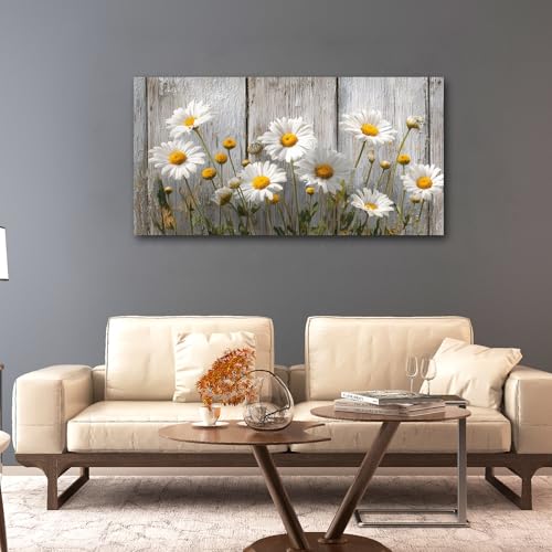 KZKU Rustic Daisy Canvas Wall Art-White Flowers on Weathered Wood Background-Large Modern Farmhouse Decor for Living Room Bedroom 24X48in - color: grey, size: 48"L x 24"W