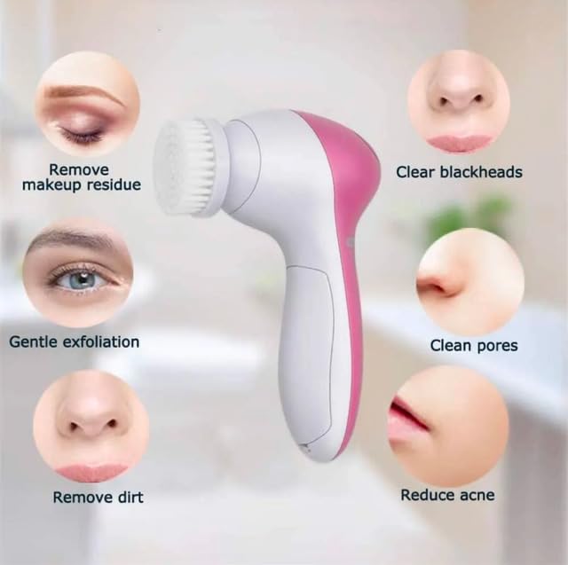 Exfoliating Electric Facial Cleanser Silicone Scrub Pore Cleaner Spin Sonic Facial Cleansing Brush (5 in 1 Facial Cleansing Brush)