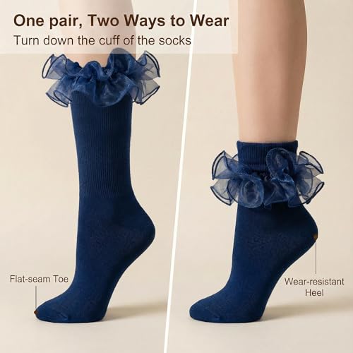 Big Ruffle Socks Women(Size 5-11) Turn Cuff Cotton Lace Frilly Socks - color: White,blue,black - 3 Pairs, size: 5-9