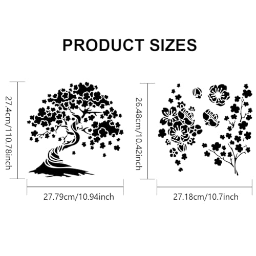 MAYJOYDIY 2pcs Cherry Blossoms Stencils 11.8×11.8inch Large Blooming Stencil with Paint Brush Square Japanese Style Drawing Template for Wood Walls Canvas Furniture Crafts Art Projects - color: Cherry Blossoms