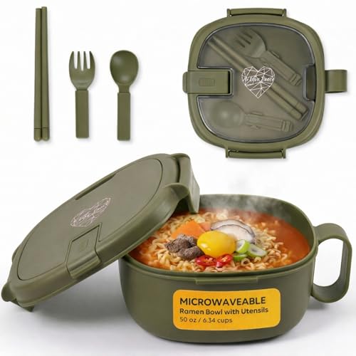 Microwave Ramen Bowl with Lid, Noodle Soup & Pasta Cooker, Leakproof,Green. - color: Sage Green, size: 50 oz (Single Bowl)