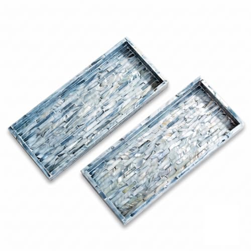 PEMAR Blue Mother of Pearl Tray Set of 2 – Handcrafted Decorative Vanity & Countertop Organizer for Bathroom, Entryway, Coffee Table – Elegant Home Decor Accent, 11.8" Lx5.1 Wx1 H - color: Blue