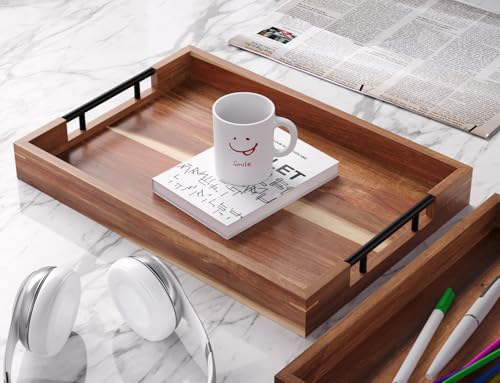Fibogollo Acacia Wood Serving Tray with Metal Handles,17x12in Ottoman Decorative Trays Platter for Coffee Table,Living Room,Bar,Party(Large) - size: 16.9" x 11.8" x 2"