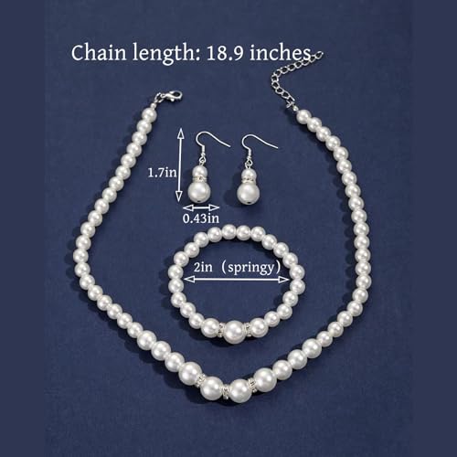 Pearl Bride Wedding Jewelry Set Faux Pearls Crystal Rhinestone Necklace Earrings Bracelet Sets for Women Bridesmaid(3 PCS) - color: White - Gourd Shaped