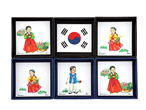 "Little Girl in Hanbok, Korean Traditional Costume with Spring Flowers", Mounted on Blue Hanji Paper Frame, Lovely Wall Art, Unique Housewarming Gift (Hanbok boy navy)