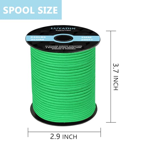 Paracord 240lb - Diameter 2mm Micro Utility Cord -3 Strand Parachute Spool Cord - 100ft 200ft,Paracord for Camping,Hiking,Fishing,Outdoor and DIY - color: Green, size: 200 ft