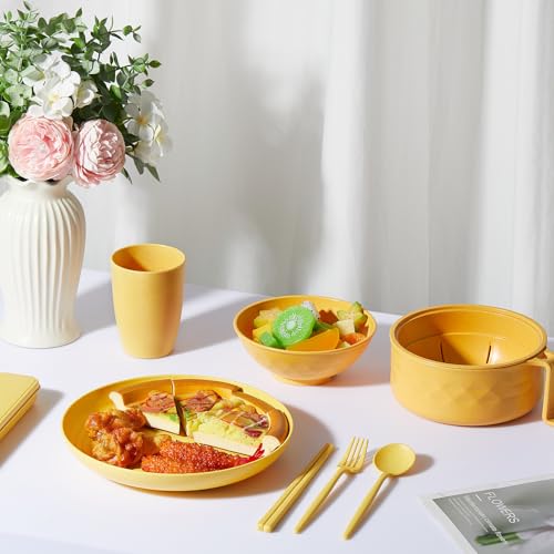6 Pcs Microwave Ramen Cooker Set 40oz Bowl, Yellow - color: Yellow