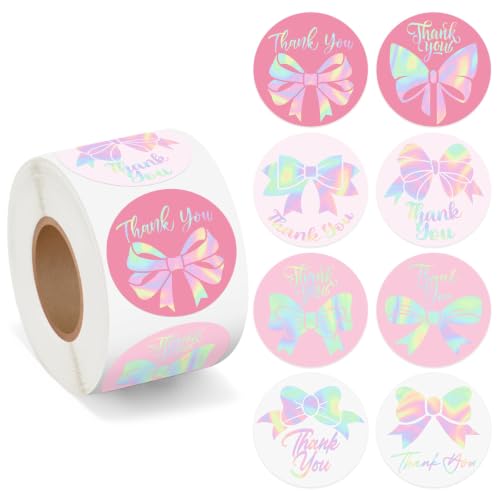 Holographic Bow Thank You Roll Stickers Pink Round for Gift Wrapping - style: Pink Bow