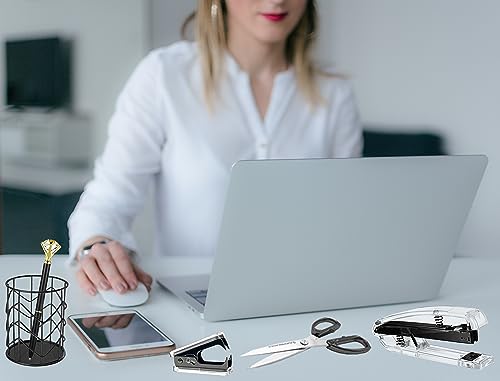 Office Desk Accessories, Acrylic Stapler, Staple Remover, Tape Holder, Pen Holder, Ballpoint Pen, Scissor, Binder Clips, 1000pcs Staples, Phone Holder, Ruler, Transparent Glue and 300 Notes - color: Black