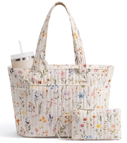 Bagstellar Quilted Tote Bag for Women Teacher Nurse Cotton Laptop Work Tote - color: Wild Flower