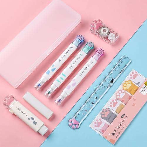 8 Pcs Cute Cat Paw Stationery Set Kawaii School Office Supplies Including Eraser Correction Tape Highlighters Sticky Notes Ruler for Cat Lovers Students (White) - style: Style D (White)