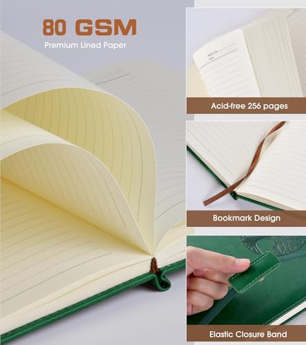 Biuwory B5 Leather Journal Notebook, 256 Lined Pages, Hardcover 7.8"×10.2" - color: Green, size: Lined-256 Pages (7.8"×10.2")