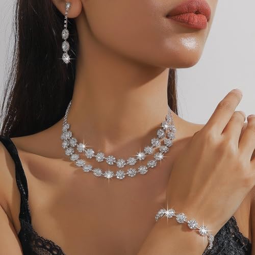 HUASAI Silver Wedding Jewelry Sets for Brides Rhinestone Necklace Earrings Bracelet Set Guest Dress Accessories Bridal Jewelry Formal Wedding Prom Party - color: flower set