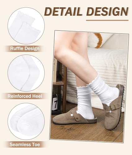 Justay 6 Pairs Ruffle Socks Women, Crew Cotton Frilly Boot Socks - color: White Black