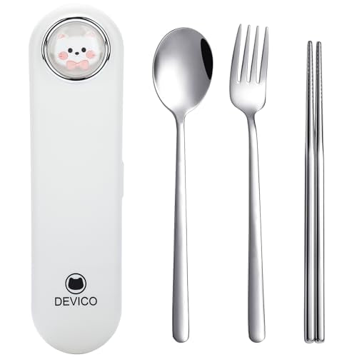 DEVICO Travel Utensils with Case Cute, Reusable Silverware for Lunch, 4Pcs Portable Cutlery Set, 18/8 Stainless Steel Fork Spoon Chopsticks in Cartoon Case, Dishwasher Safe (White) - color: White