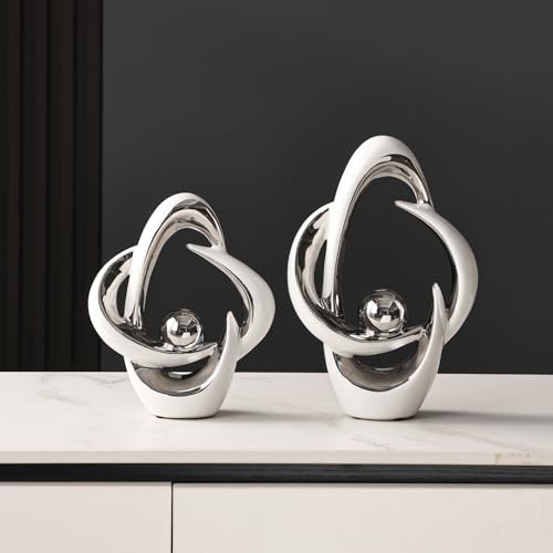 2 Pcs Ceramic Statues Home Decor Modern Aesthetic Abstract Art - color: White and Silver