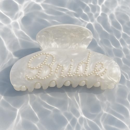 Bride Claw Clip with Pearls, TWPER Hair Clip for Wedding, Bride to Be, Bridal Shower, Bachelorette Party Gift, White Pearl Hair Accessory for Engagement & Honeymoon - color: White