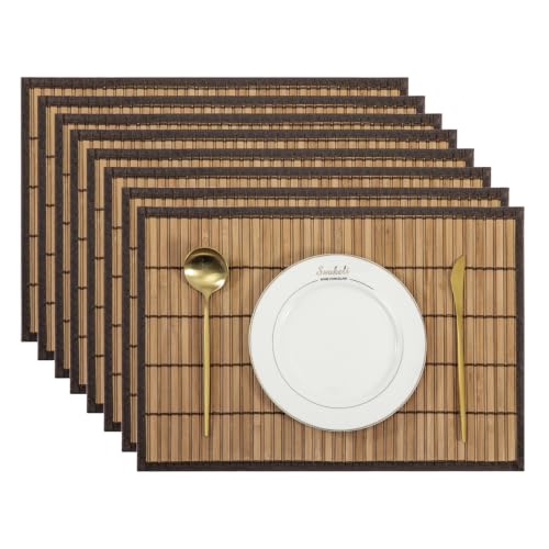 Bamboo Placemats Set of 8 with Fabric Border, Table Mats, Brown - color: Brown, size: Set of 8