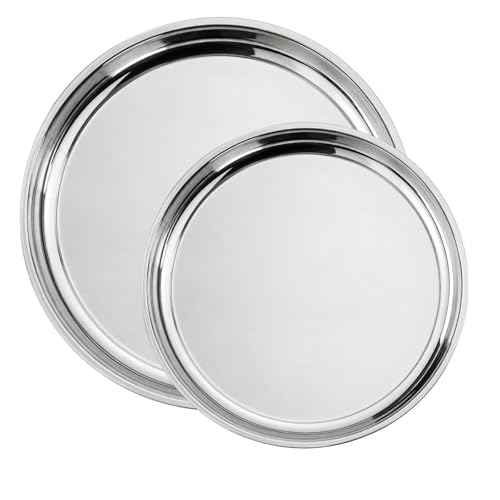 2-Piece Stainless Steel Serving Tray Set, Round Metal Platters with Mirror Finish, 13.25" & 11.75" Food Grade Serving Trays for Appetizers, Drinks, Coffee Table, Decorative Tray