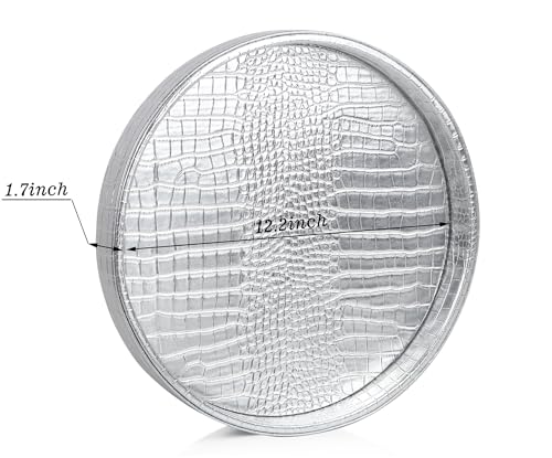 HofferRuffer Faux Leather Round Serving Tray, Vegan Croco Leather Decorative Tray, Food Tray for Storage Drinks, Snack & Cosmetics, Dia.12'' x 1.6'' (Silver) - color: Silver, size: 12"