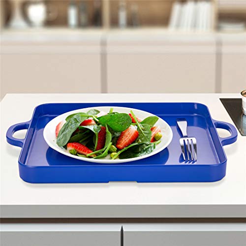 Square Serving Trays with Handles Melamine Dark Blue 12.5x12.5 Inch Spill Proof Kitchen Eating Trays Set of 2 for Cafeteria Cafe Food Appeizer Dessert Snack Dinner Lunch Breakfast,TR15-02 - color: Dark Blue
