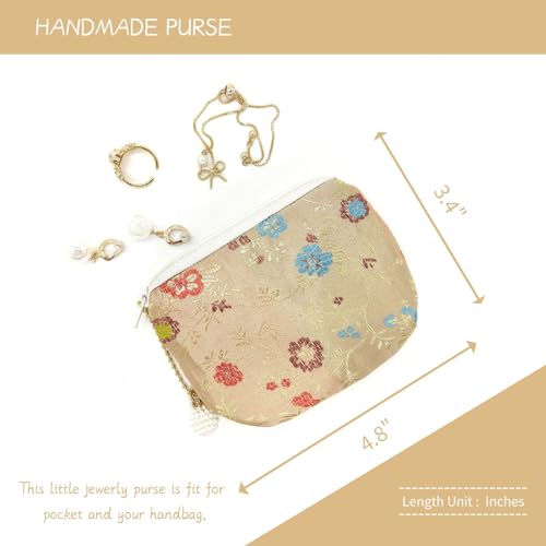 Handmade Women Coin Purse Brocade Wallet Zipper Rosary Pouch Silk Jewelry Bag - Wheat - color: Wheat
