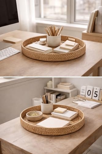Round Rattan Serving Tray Set (2 Nesting Sizes) with Handles, 4 Coasters Included, Handwoven Boho Wicker Organizer for Coffee Table or Ottoman, 14.2 x 2.3 in and 11.9 x 1.7 in