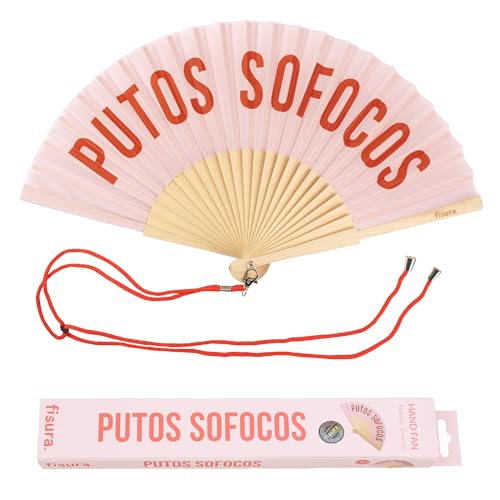 Fisura – Original folding fan with message P*tos sofocos, wooden handheld fan for women, menopause relief accessory, perfect for party, travel, or gift - color: P*tos Sofocos, Pink
