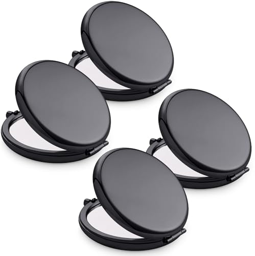 Compact Mirror for Purse, Metal Round Shell, Double-Sided 1X/2X Magnifying, Portable Travel Makeup Mirror, Mini Pocket Mirror, Black, 4 Packs - color: Black