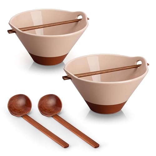 MALACASA 42 oz Ceramic Ramen Bowls with Chopsticks & Spoon, Pink & Khaki - color: Pink and Khaki