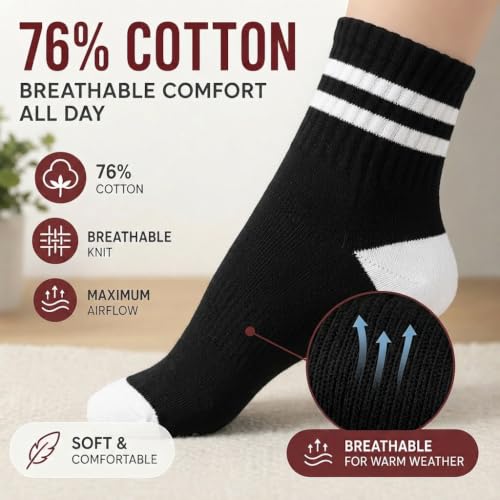 Forever Bambe Mini Crew Socks for Women 4-Pack Cushioned Bottom Retro Striped Socks - Athletic Women's Short Calf Sock - color: 4 - Black