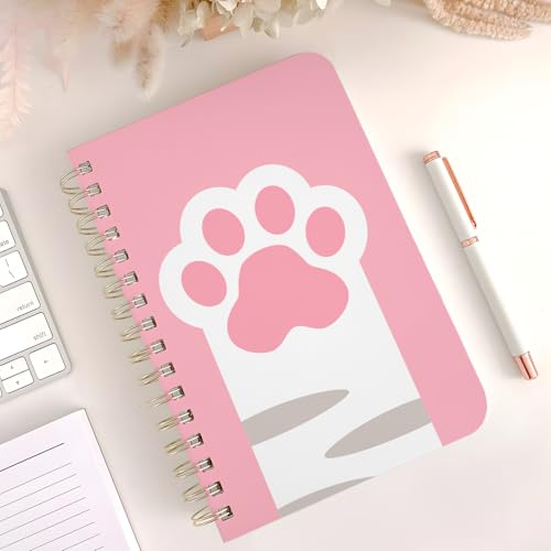 Cute Spiral Notebook Journal A5 6x9 Note Book with Pocket, Cat Paw - color: Pink Paw