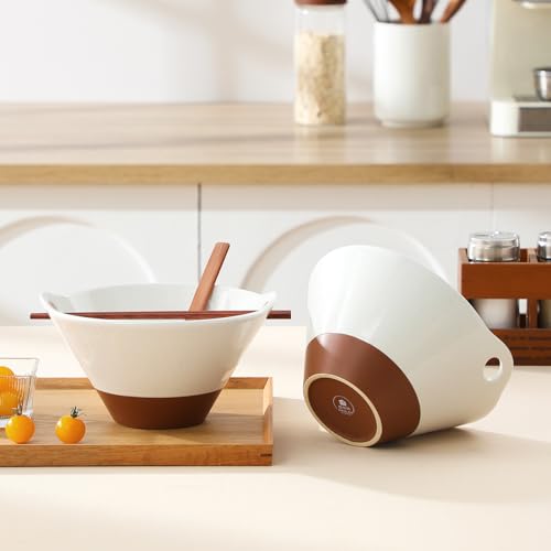 MALACASA 42 oz Ceramic Ramen Bowls with Chopsticks & Spoon, White & Khaki - color: Khaki White