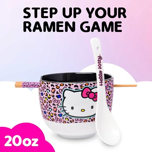 Silver Buffalo Sanrio Hello Kitty Leopard, Ramen Bowl with Chopsticks, 20oz - color: Hello Kitty Pink Leopard Print Spoon, size: 20 Ounces (With Spoon)