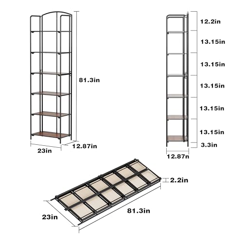 Crofy 6-Tier Foldable Bookshelf, Black Frame & Walnut Shelves - color: Black Frame & Walnut Shelf, size: 6 Tier
