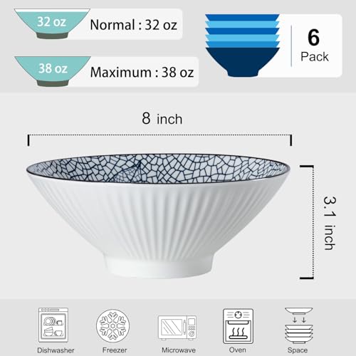 38 oz Japanese Ramen Bowls Set of 6, Large Pho Bowls, 8 Inch Ceramic Blue and White Soup Bowls, Leaf Pattern - color: Leaf Pattern