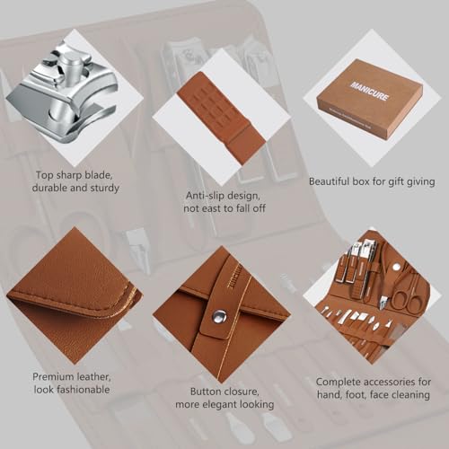 Manicure Set Professional Nail Clippers Pedicure Kit,16 pcs Stainless Steel - color: Brown