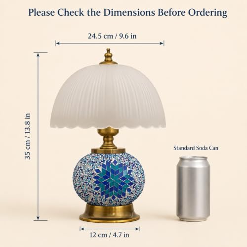 Boho Blue Mosaic Small Table Lamp with White Glass Shade - color: Blue, Bronze, White