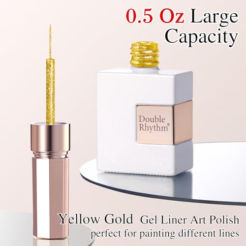 Double Rhythm 15 Ml Metallic Gel Liner Nail Art Gel Bronze Mirror Chrome Painted Drawing Stripper 3D Effect Gel Polish (Glitter Yellow Gold-L1008) - color: Yellow Gold