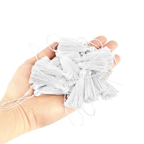 48Pcs Mini Bookmark Tassels Handmade Keychain Silky Tassel - color: White