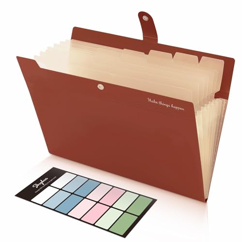 SKYDUE File Folder with Labels, Accordion File Organizer with 8 Pockets, Portable Document Organizer, A4 Letter Size, Paper Organizer for Office, Brown - color: Brown